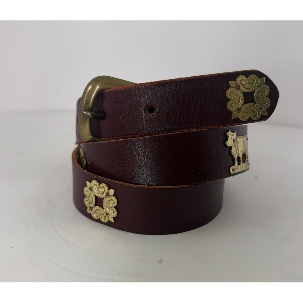 Swiss Appenzell Brown Leather Belt Gold Brass Folk Art Ornaments 36" Cordovan